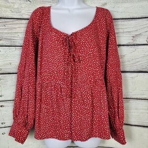 Ava & Viv Red White Polka Dot Long Sleeve Peasant Blouse 1X